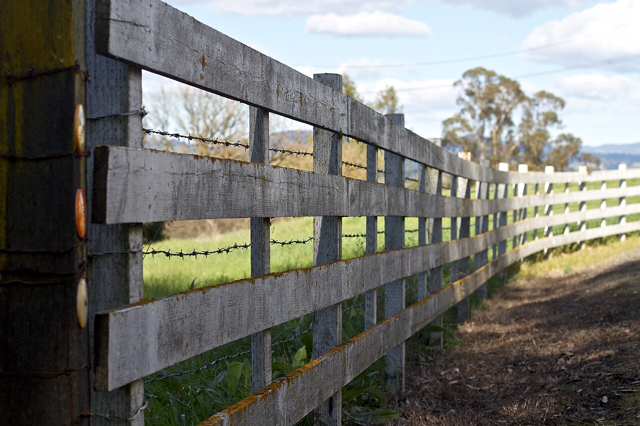 Long run of weathered timber post-and-rail fencing with wire across open paddocks